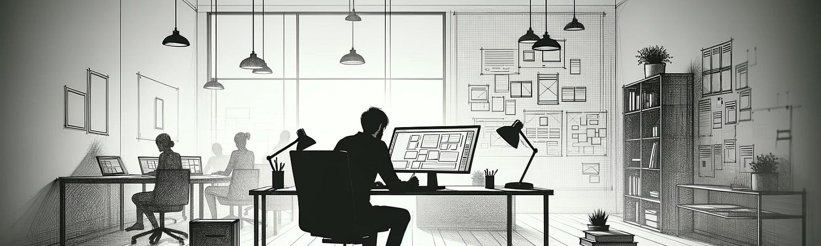 Ilustração feita por IA de um homem sentado em um computador trabalhando em uma sala com mais pessoas ao fundo.