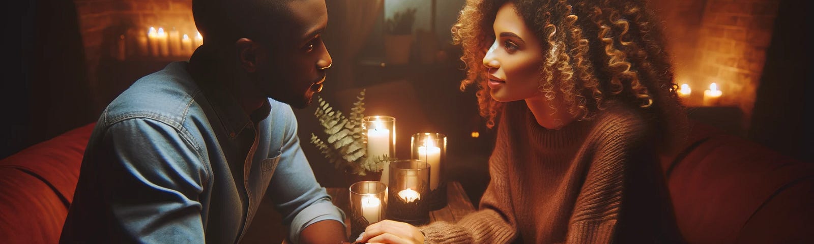 Create an image of two ethnic people on a romantic evening date in a cozy, intimate setting, showing a moment of deep conversation with a soft and warm ambiance,