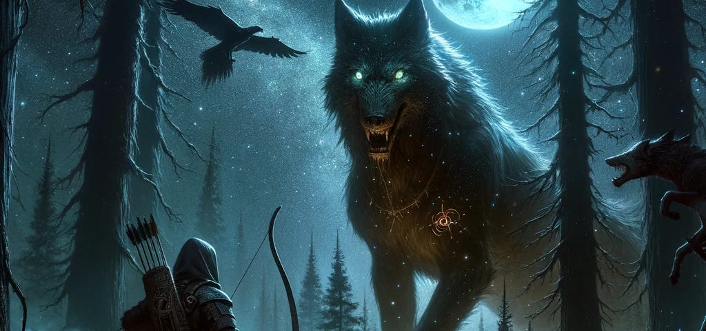 Starry night reveals a hunter confronting a shapeshifting wolf amidst mystical realms, capturing the essence of ancient prophecies and undying hope.