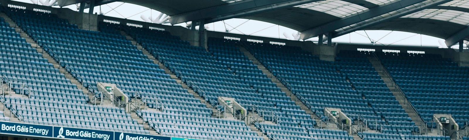 Image shows the empty seats behind the posts at one end of the Croke Park Stadium, Dublin.