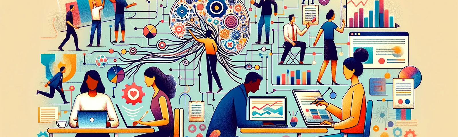 A colourful, stylized illustration depicts a dynamic office scene. Diverse individuals are shown working together and independently. In the foreground, two people work at desks with laptops. The middle ground shows a group collaborating on a project with sticky notes, while in the background others analyse data and brainstorm. The art style is modern and abstract, with intricate details suggesting a hub of creativity and teamwork.