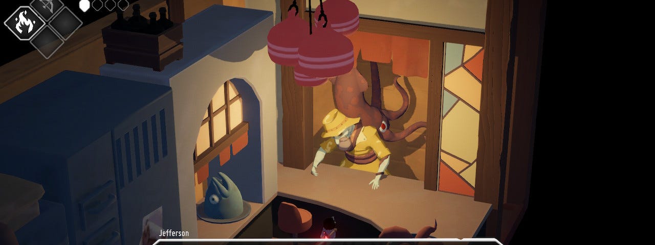 The player-character interacts with a man in yellow fishing coat and hat — Jefferson. A squid with red eyes has its tentacles wrapped around his waist. The text caption reads: “I sure do love preparing food with my multi-digited mammal-hands!”