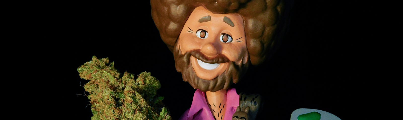 A cartoon image of a painted, the late Bob Ross. He holds a slak of marijuana in his right hand and a painting palette in the other. An overwhelming share of U.S. adults say that marijuana should be legal for medical and recreational use by adults (59%) or that it should be legal for medical use only (30%).