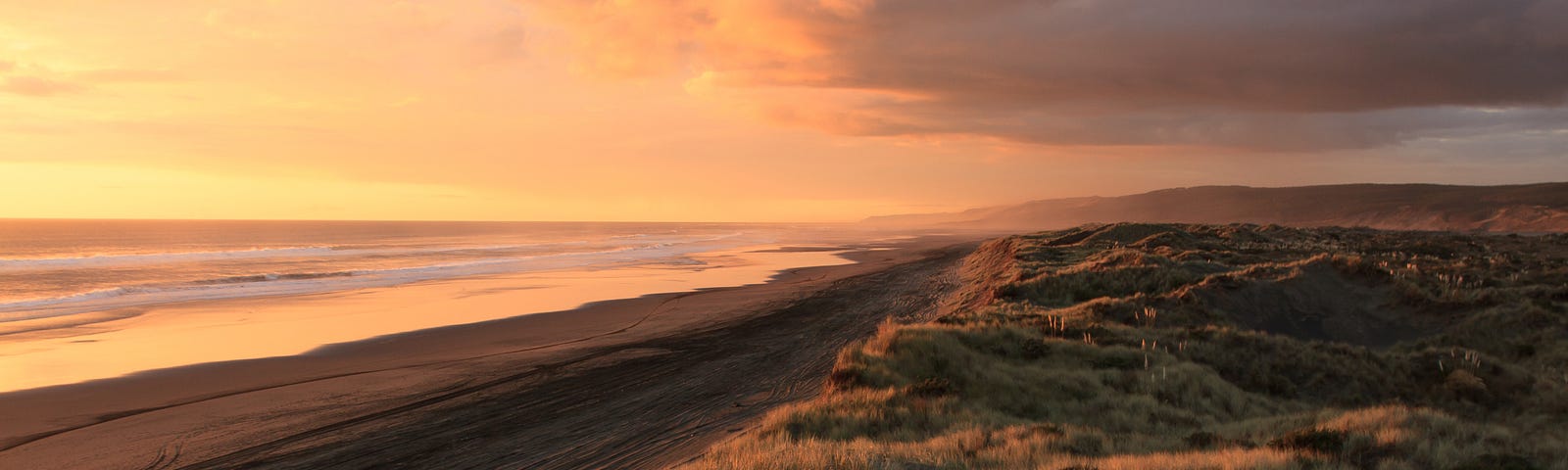sunset by the seaside. the light is tangerine and grey. on the left is the ocean, gentle lapping waves. a narrow stretch of dark beach follows to the right, and the, a stretch of beachgrass, light orange and black in the shadows.