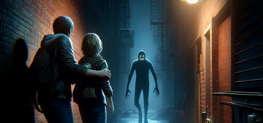In an alley, Jake and Sarah confront a menacing figure emerging from the shadows, creating a suspenseful moment with vivid colours and ultra-realistic details.
