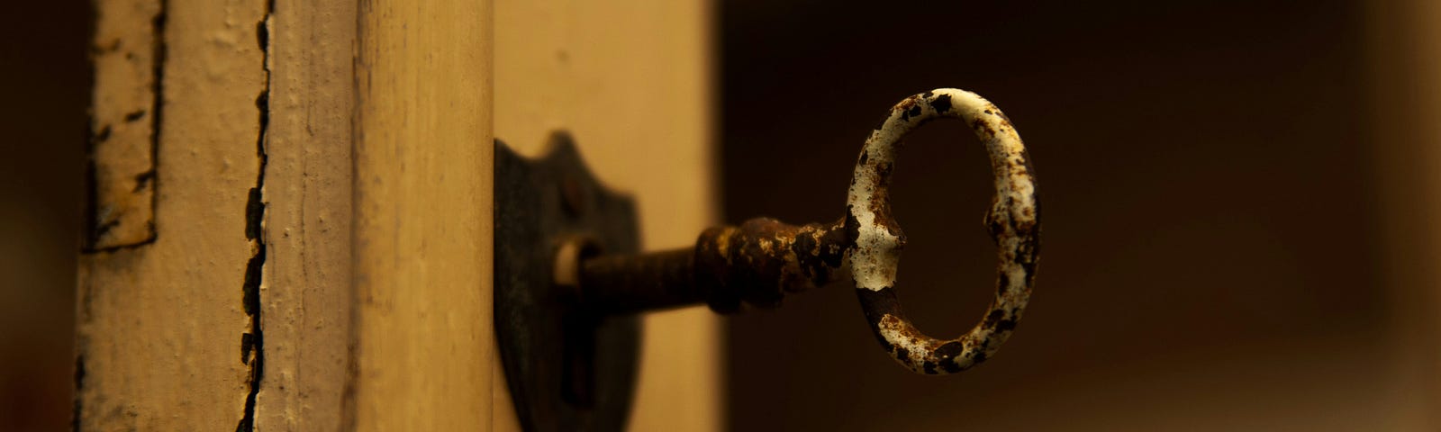 An interesting looking brass key in an old wooden door — sepia photograph.