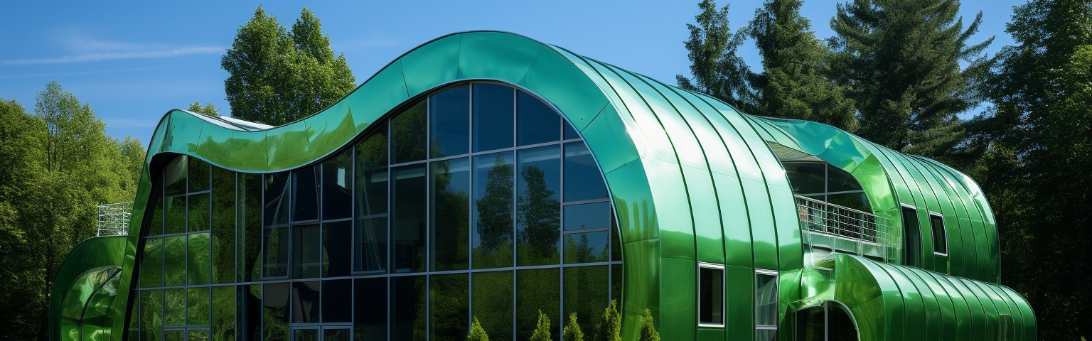 Midjourney generated image of a green glossy steel building