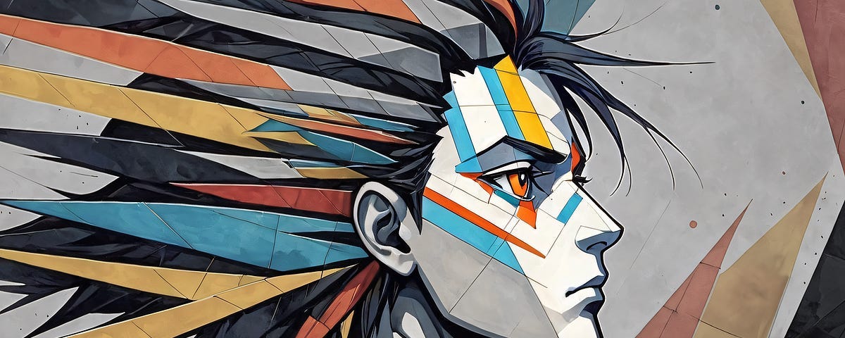 “Neurodivergent Heat,” a digital image by the author, blends cubist, dadaist, and manga influences. It showcases a profile with sharp geometric shapes and a mosaic of vivid colors. Orange, yellow, blue, and red highlight the person’s intense gaze directed toward the upper right corner, symbolizing forward-thinking vision. Monochrome shards fan out like feathers from the head, contrasting the bright face against a subdued background, mirroring the complex inner world of neurodivergent individuals