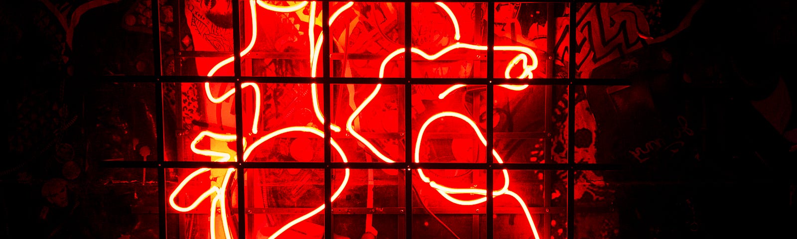 A red neon light in the shape of an anatomical human heart.