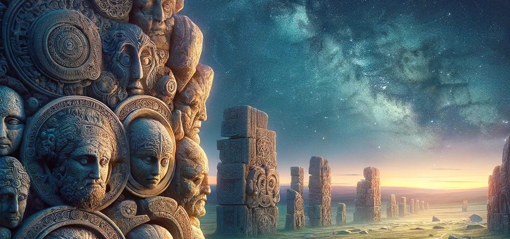 Ancient ruins at dawn with unique faces blend history and future, under a starlit sky with a glowing scroll, capturing resilience and hope.
