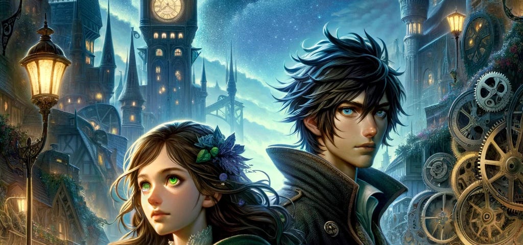 Ella and Cade explore Gearford’s cobbled streets under a starlit sky, surrounded by clockwork wonders. Their unique looks, from Ella’s green eyes and nature-inspired attire to Cade’s stormy gaze and cloak, capture their magical quest.