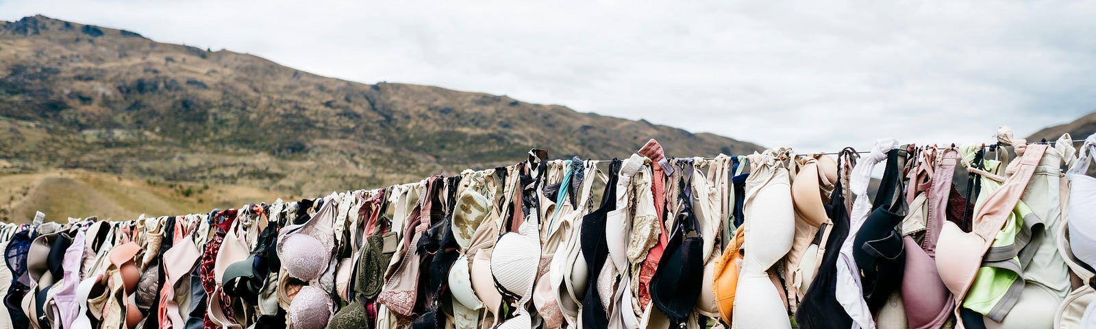 A line of bras hanging in the open to celebrate breast cancer survivors.