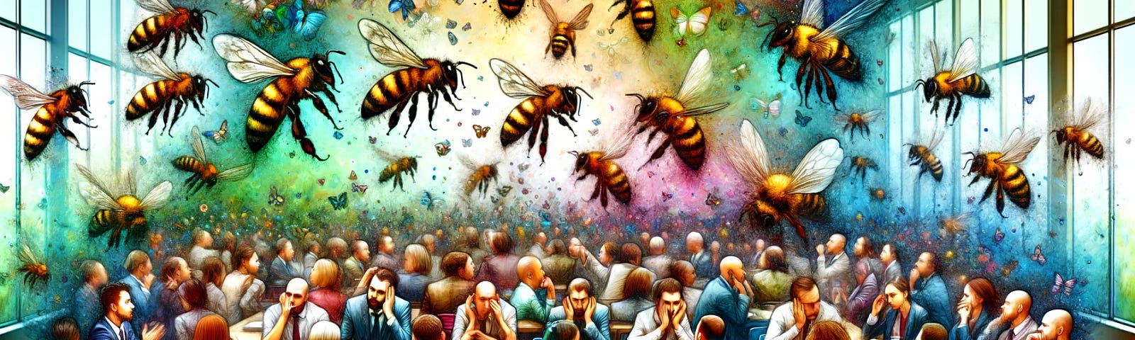 A detailed hyper-realistic watercolour image of a chaotic meeting room with unique, vivid faces, buzzing bees, and vibrant colours, symbolizing an ADHD mind.