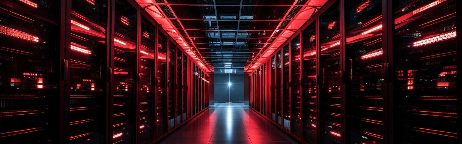 Midjourney generated image of rows of servers in a data center with their lights out, lit only by red emergency lighting
