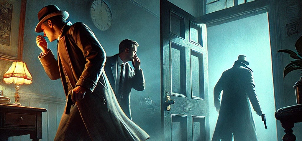 Detectives in a tense moment following a scent in a dark room, with one disappearing as the door slams shut, captured in vivid, hyper-realistic detail | Created with DALL-E by CJ Coop