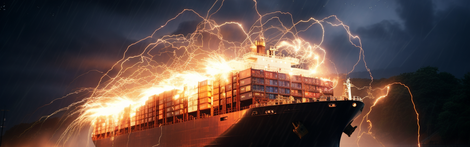 Midjourney generated image of electric sparks flow off container ship on river