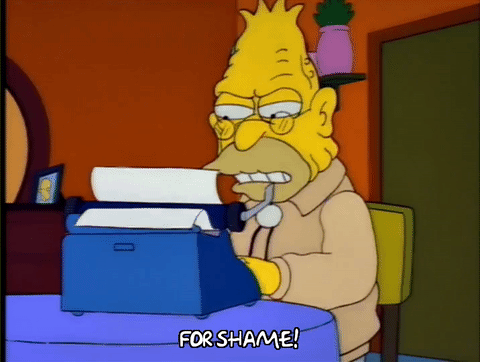 Grandpa Simpson typing on a typewriter and saying, “For Shame”