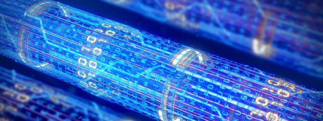 illustration of blue fibre cables with ones and zeros passing through inside