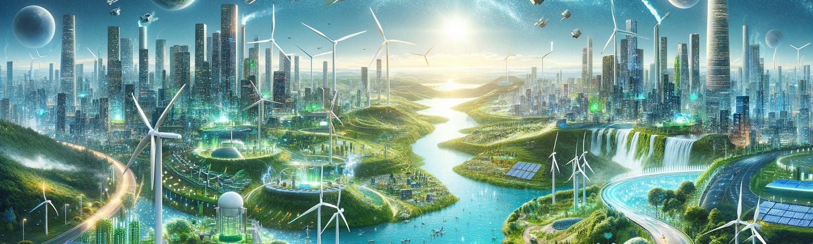 ChatGPT & DALL-E generated panoramic image of a futuristic world, sparkling with electricity and symbolizing the successful implementation of climate change solutions.