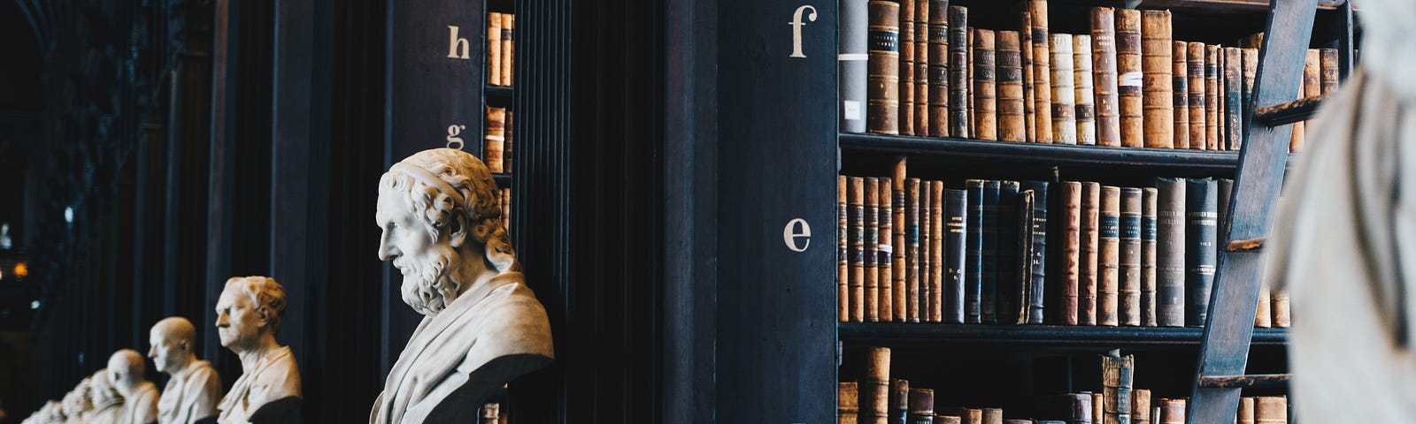 busts of famous men with rows of old books