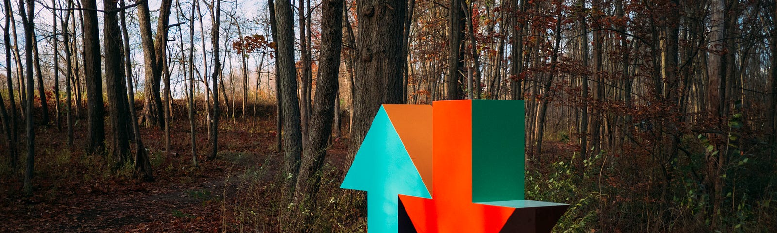 A picture of two arrows, sculpted out of metal perhaps, one orange and the other blue, in the woods on a concrete platform. The orange arrow is pointing down, the blue arrow up.