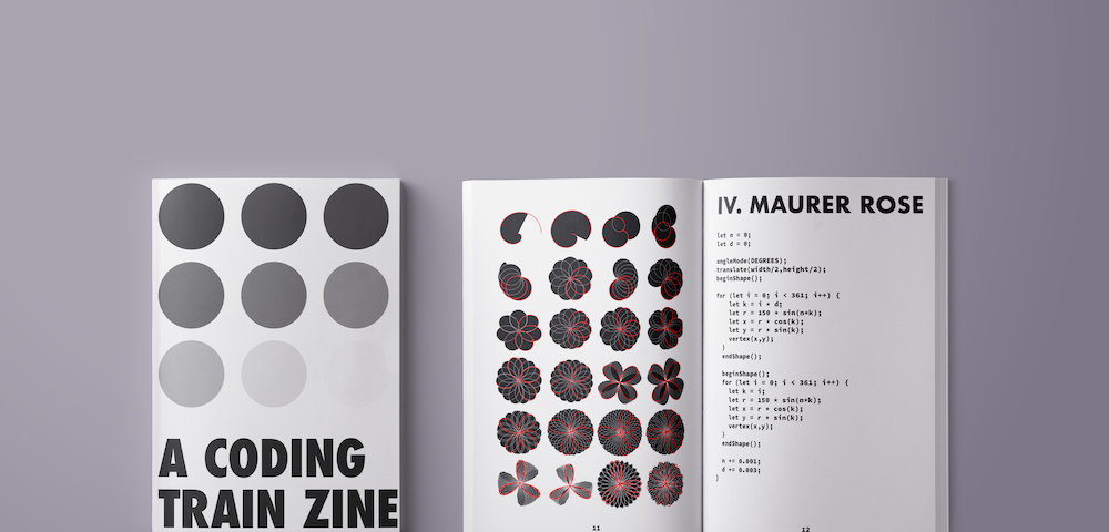 Two copies of A Coding Train zine. On the left, a closed zine shows the cover with circles. On the right, an open zine.