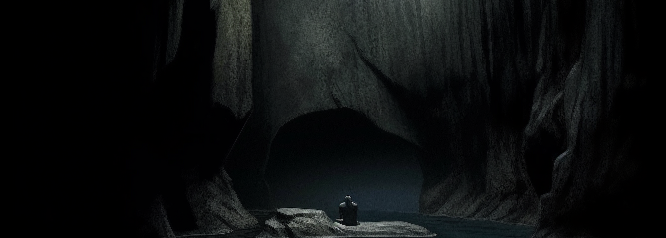 A plunge pool deep in a dark cave, very dark artwork
