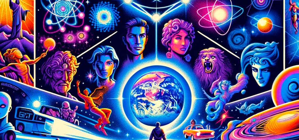 A 1990s-inspired movie poster featuring original characters on a cosmic journey, symbolizing the unification of quantum, classical, and spiritual realms, with vibrant, nostalgic visuals emphasizing adventure and interconnectedness.