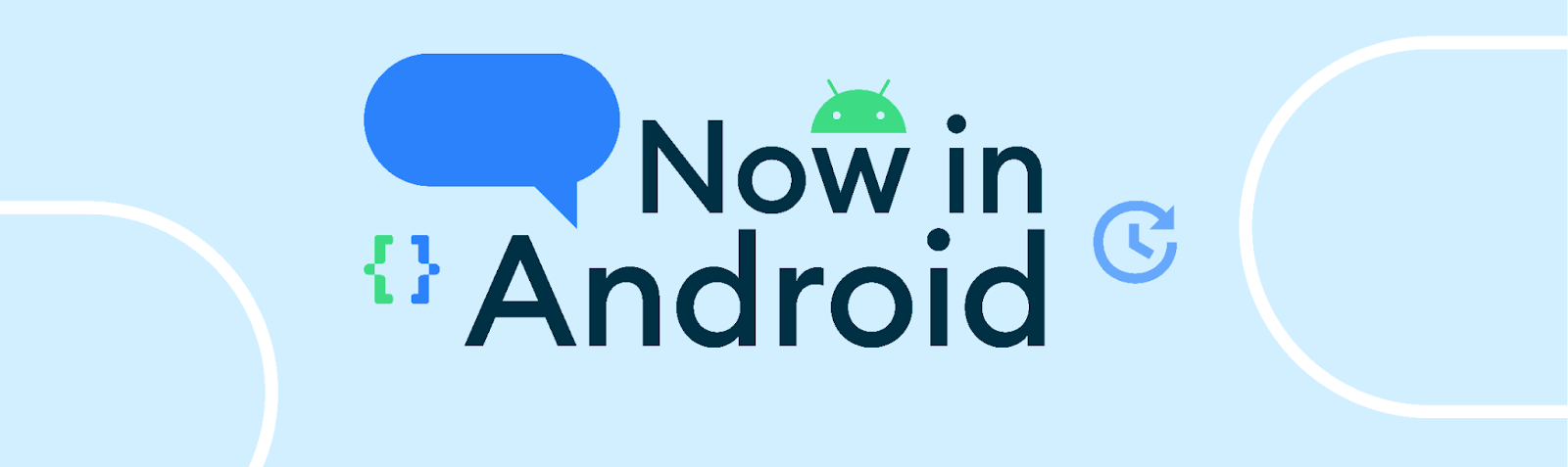 Now in Android title, showing a timer, the Android Developers pixelated brackets, a green Android head, and a caption bubble.