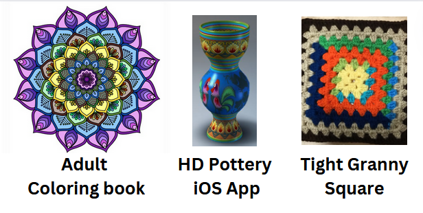 Left: Mandala from digital colouring book —  Center: pot created in HD Pottery app — Right: colourful crocheted granny square