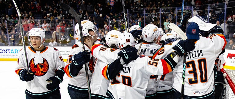 Firebirds celebrating after sweeping the Ontario Reign