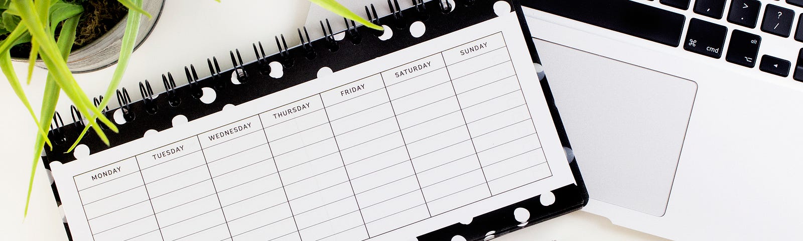 Horizontal planner with laptop keyboard in black and white