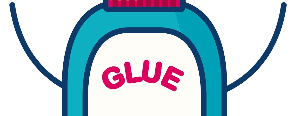 blue, red, and white glue bottle with navy smiling face and arms and legs