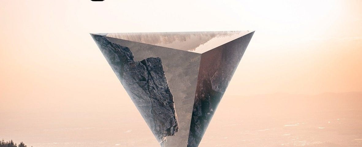 The image depicts a reverse glass pyramid on top of a rocky mountain with hills and the sun in the background. I have added the SmartBCH logo at the top of the image, and the BCH logo at the right bottom corner.