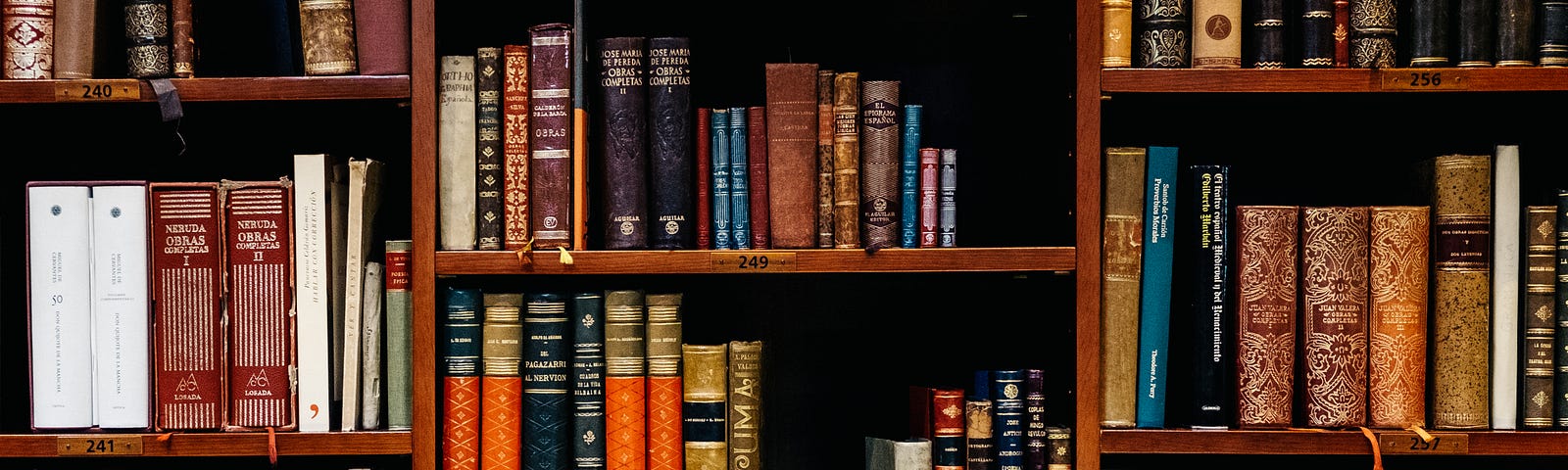 Books on shelves in a library.