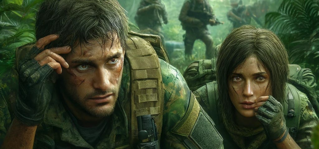 Jack and Sarah in jungle mission, hidden in camouflage with intense expressions, showcasing vivid colours and hyper-realistic details in 8K resolution.