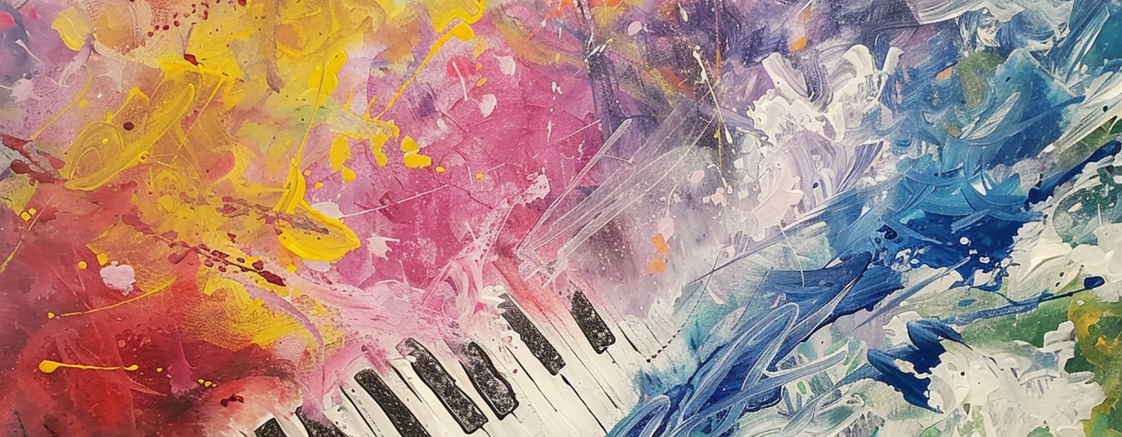 abstract art, piano keyboard melting into the oblivion of a rainbow