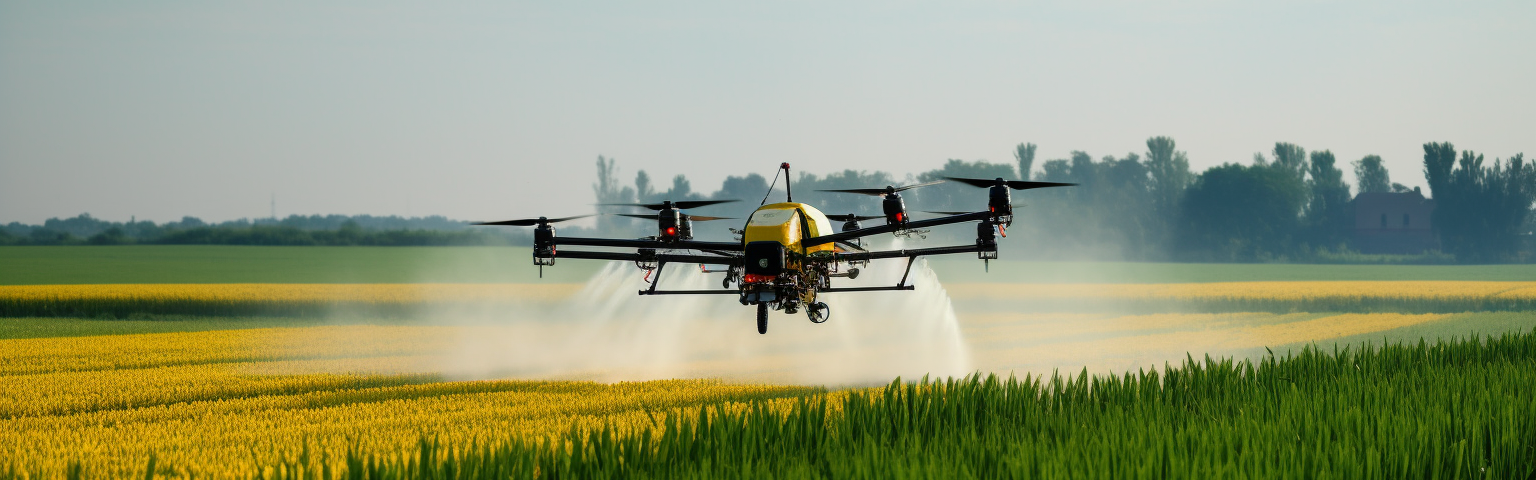 Midjourney generated image of Ukrainian agricultural hexacopter spraying crops