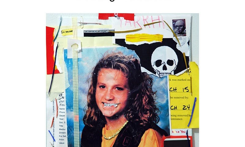A collage of scrap paper and magazine clippings, including a girl’s portrait, a skull, and homework
