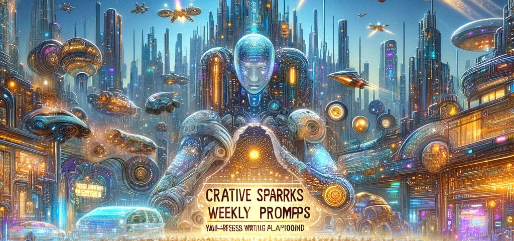 A captivating illustration showcasing a futuristic cityscape illuminated by neon lights, with flying cars and towering skyscrapers. In the center, the words ‘Creative Sparks Weekly Prompts #5, Your No-Stress Writing Playground’ are prominently featured, surrounded by people interacting with advanced technological devices. This scene embodies the essence of futurism, blending innovation with creativity under a twilight sky, highlighting the potential of human and technological harmony.