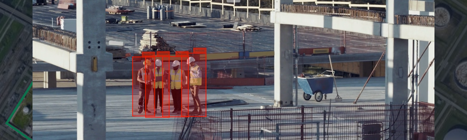 Figure 9: Real-time object detection (workers on a construction site) streamed directly from the drone to UAVIA’s web application. All the image processing, drone navigation, and object detection inference are processed in the autonomous drone.