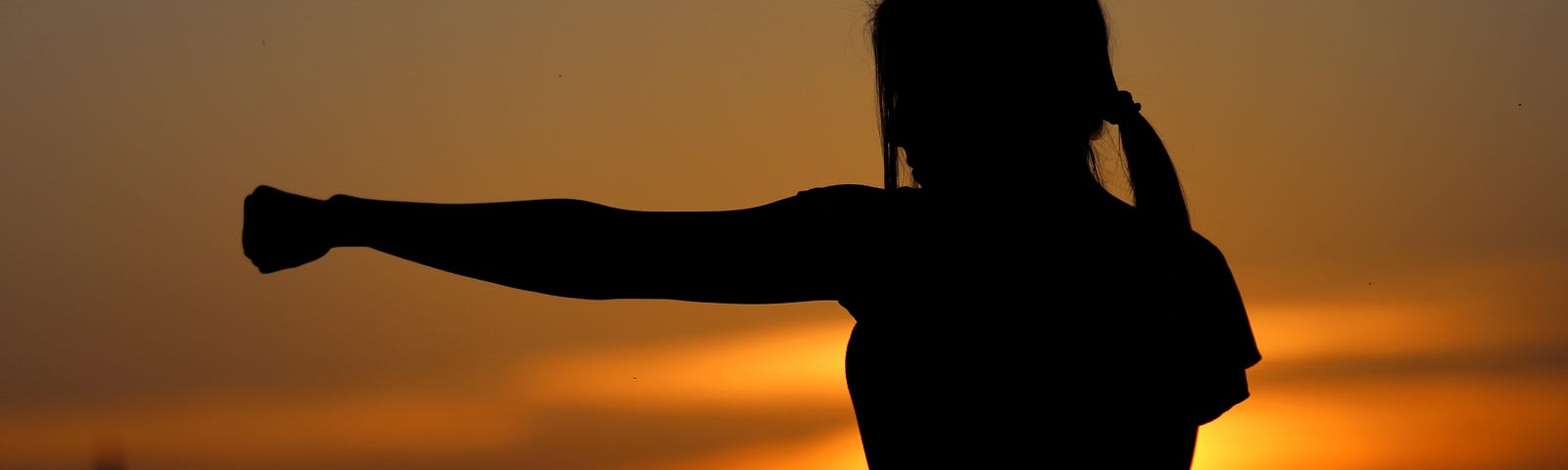 this is a photo of a woman punching into the air with a sunset behind her