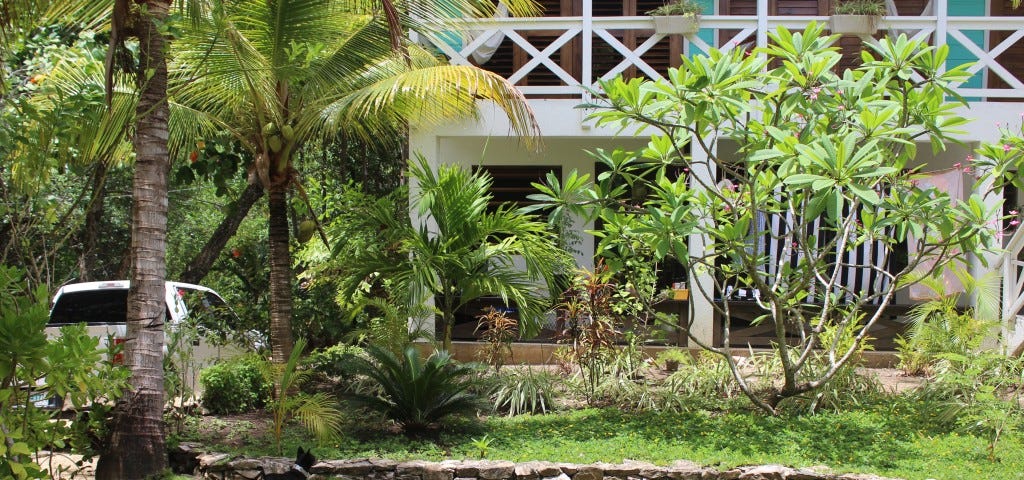 Author’s temporary rental- Garden Loft. Plants and trees in front of the structure, white truck parked to the side.