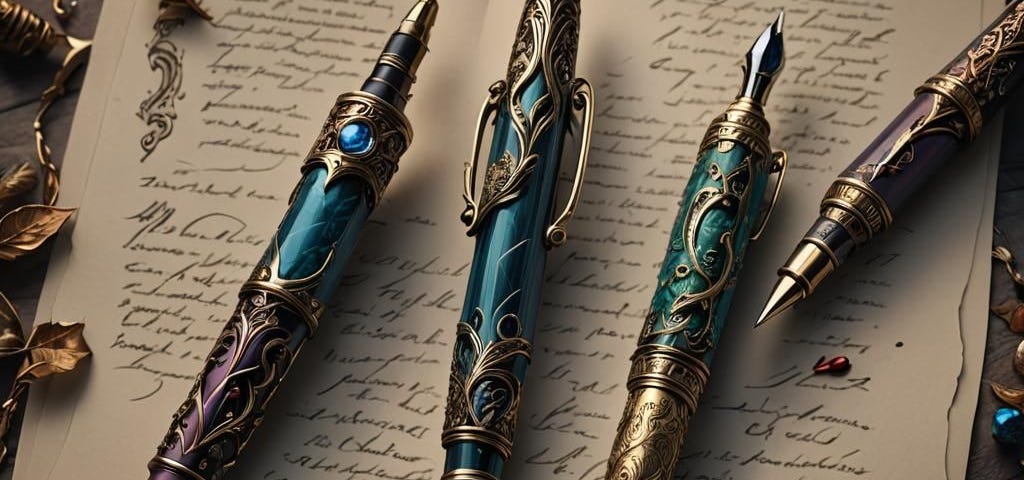 Four ornate pens with metal decorations lying on a page of handwriting