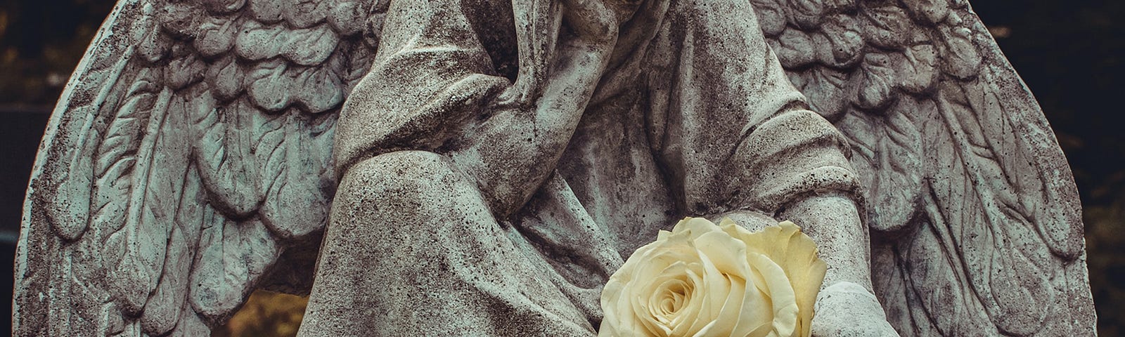 Stone angel, with a yellow rose