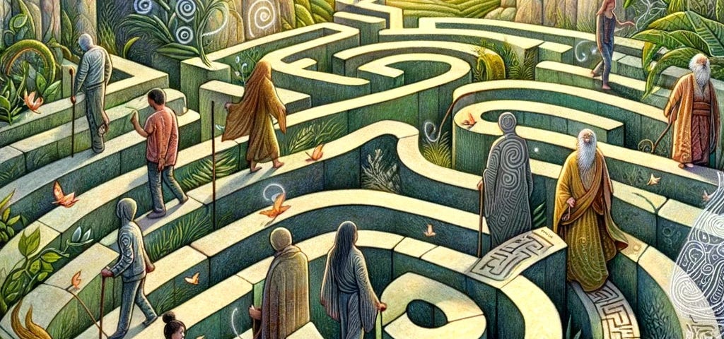 Illustration of individuals navigating a vibrant maze, embodying growth and emotional healing amidst nature, symbolizing a journey of resilience, forgiveness, and self-discovery
