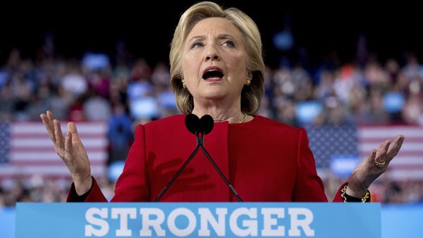 Democratic presidential candidate Hillary Clinton speaks during a campaign rally in Raleigh, N.C., Tuesday, Nov. 8, 2016. (AP Photo/Gerry Broome)