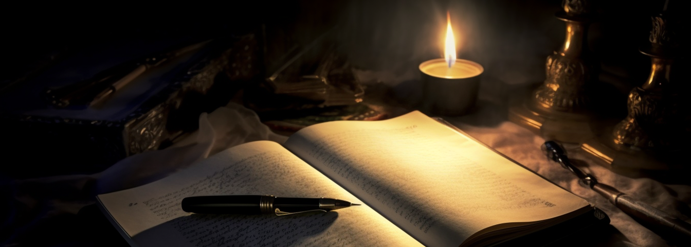 A pen on a notebook by candle light