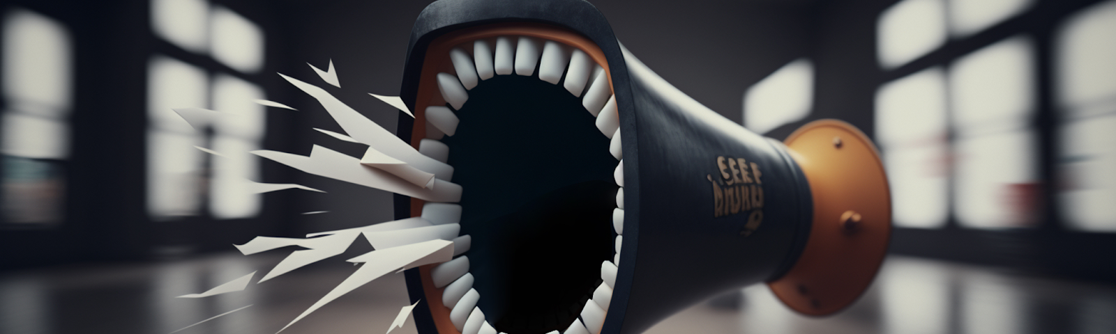 a graphic image of a screaming megaphone with a mouthful of teeth