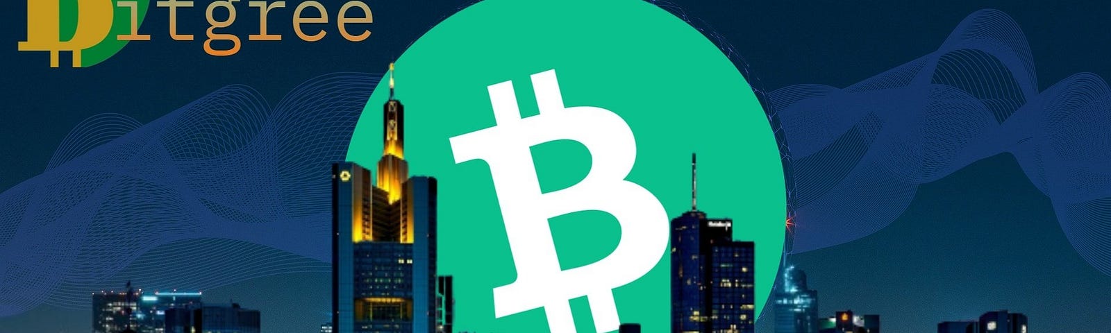A modern city with buildings and skyscrapers with the Bitcoin Cash logo on the background. On the top left I added the logo of Bitgree.